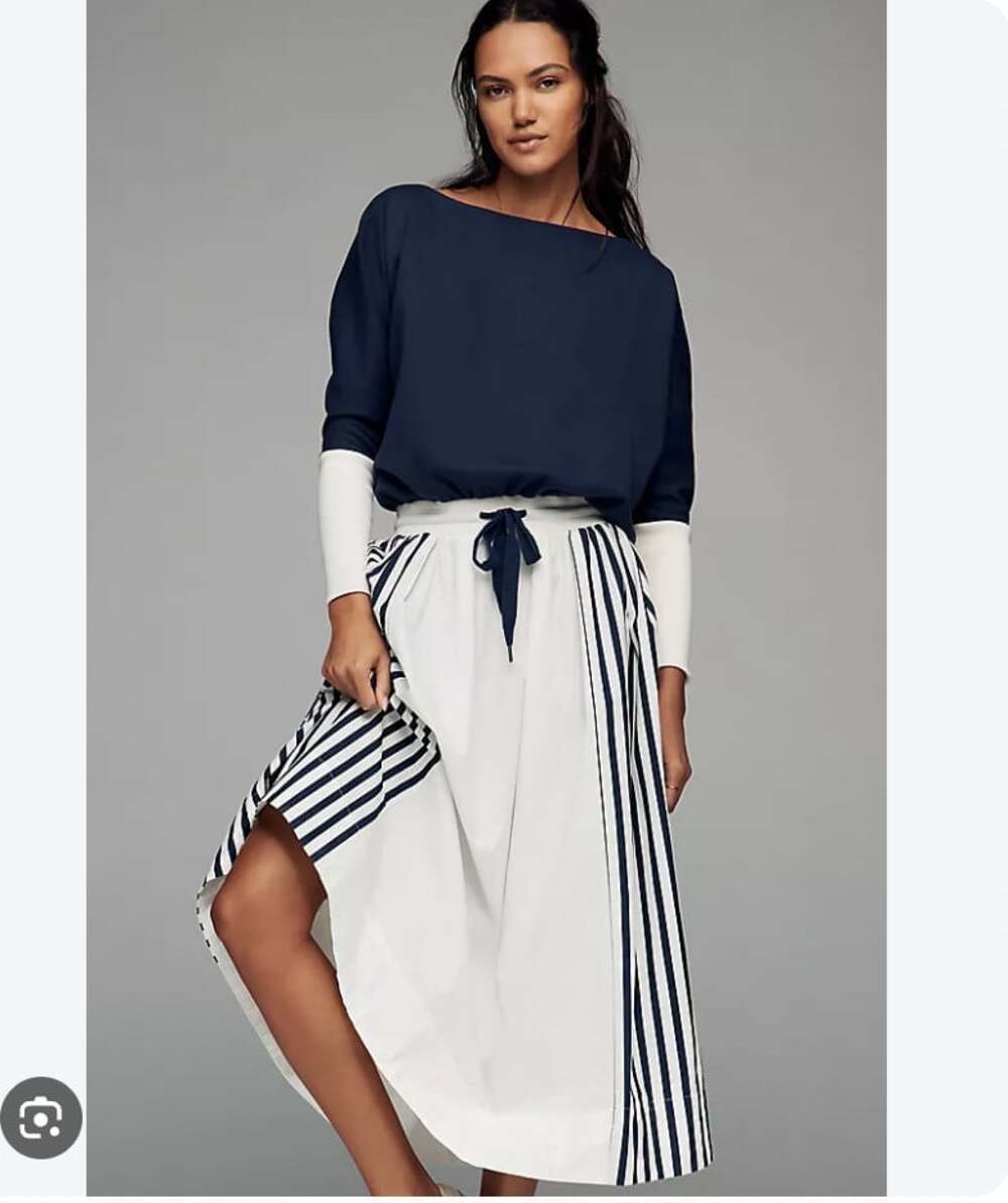 Daily Practice Dress Womens XL Blue Stripe Scoop Neck Long Sleeve Midi Casual